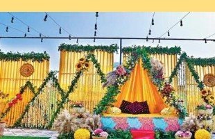 Marigold Stage Haldi Setup - Punjab Bagpiper Band India